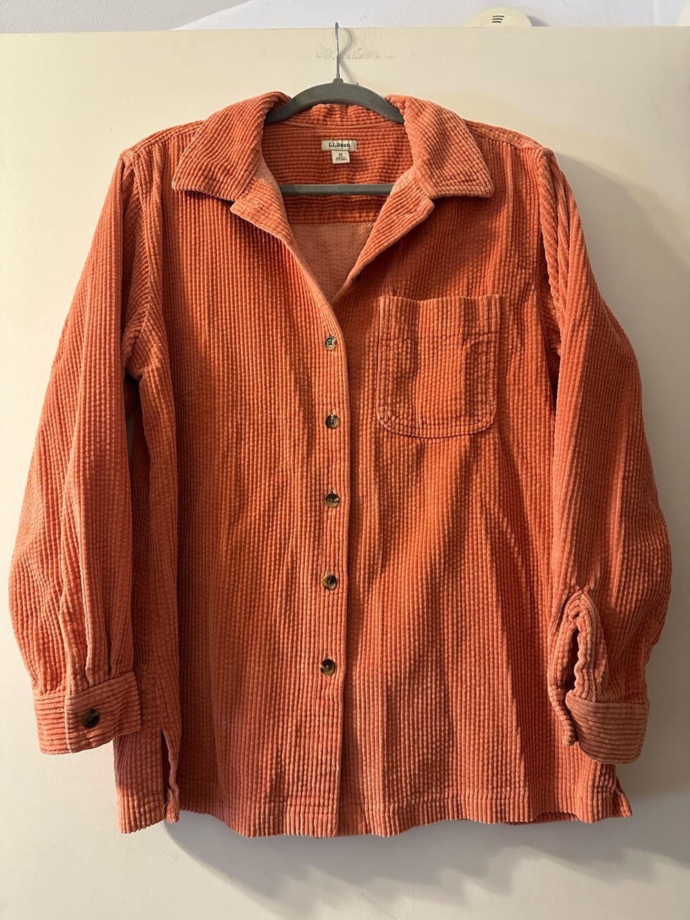 Vintage LL Bean Corduroy Button Up Shirt Womens M Coral Wide Wale Shacket